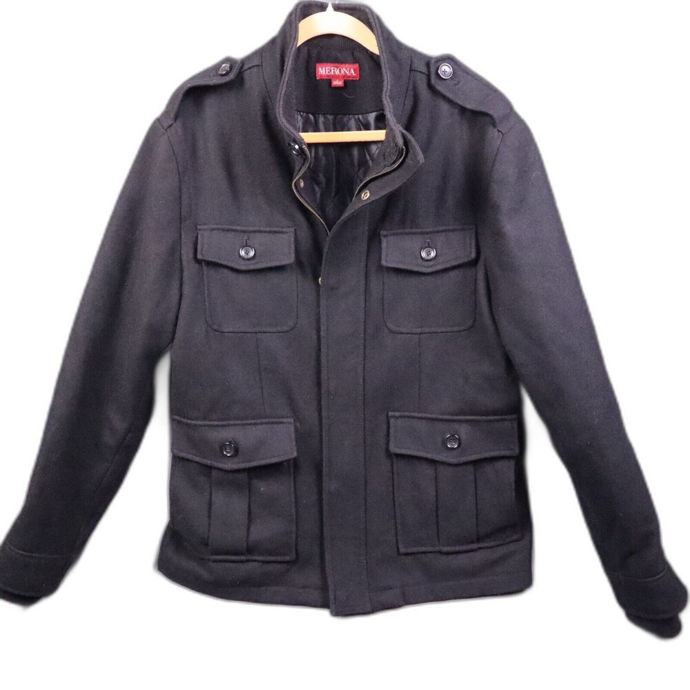 Wool Blend Merona Black P-Coat Women's Size L